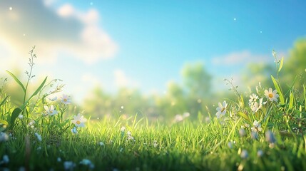 Fototapeta premium Serene Natural Spring Garden Scene with Fresh Green Grass and Flowers