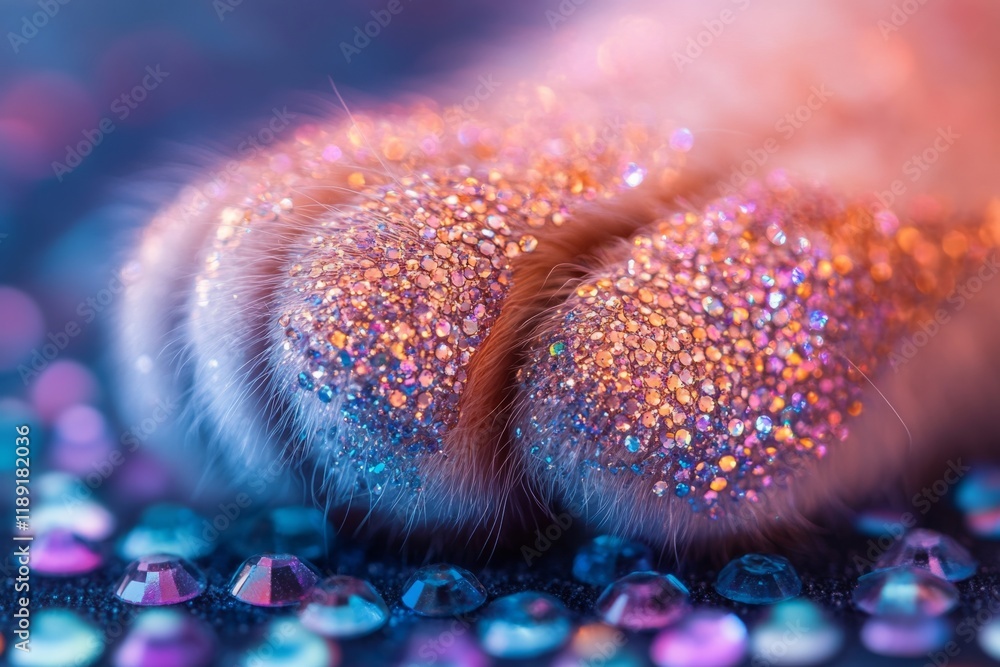 Poster close-up of sparkling cat paw resting on colorful rhinestones, creating a glamorous and whimsical sc