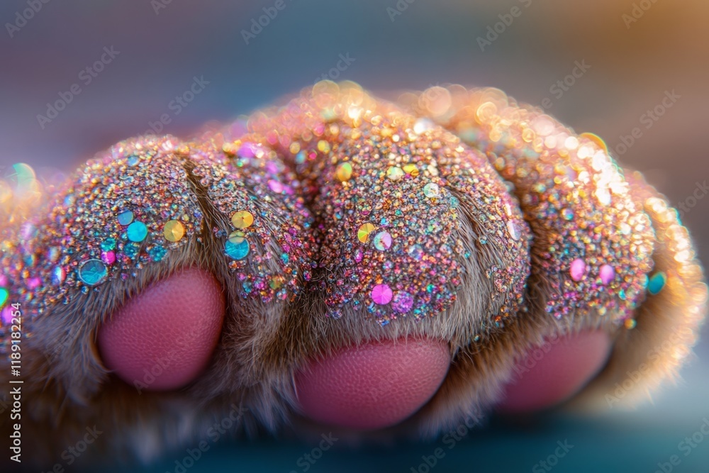 Poster pink paw pads covered in sparkling multicolored glitter create a glamorous and whimsical image