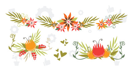 Exotic tropical flowers big vector clipart set. Orchid, strelitzia, hibiscus, bougainvillea, gloriosa, protea, tulip, hydrangea, fuchsia. Jungle floral design. Island flowers. Isolated and editable