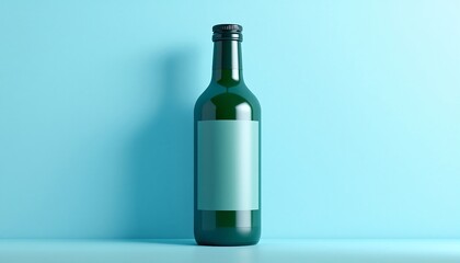 Green Glass Wine Bottle Mockup on Light Blue Background