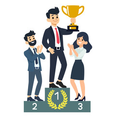 Business person holding a trophy vector illustration with cartoon characters in office attire