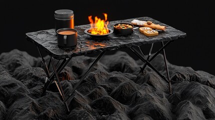 Campfire meal on a portable table.