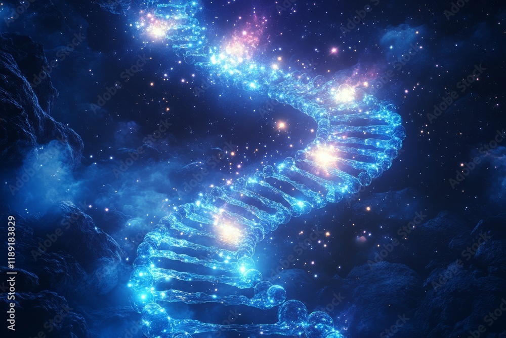 Poster glowing dna strand floating in deep space, surrounded by stars and nebulae