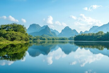 calm lake reflecting mountains and sky