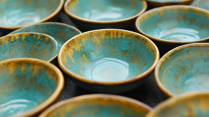 Teal and Gold Ceramic Bowls Collection Closeup