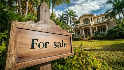 A beautifully landscaped mansion showcases a for sale sign amidst lush greenery and vibrant flowers. The property features classic architecture and well-maintained grounds under a clear sky