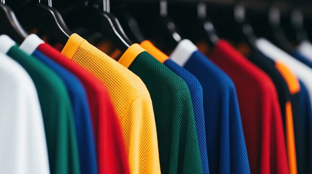Colorful jerseys hang on hangers in retail shop. Variety of vibrant colors. Sport apparel displayed for sale. Close up view of athletic wear. Retail display of team jerseys. Store offers diverse