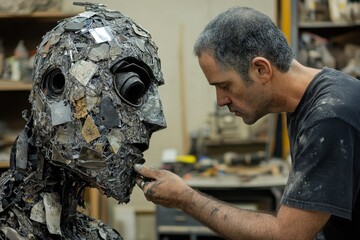 Artist creates innovative sculpture using recycled materials to promote sustainability and creativity in a workshop setting