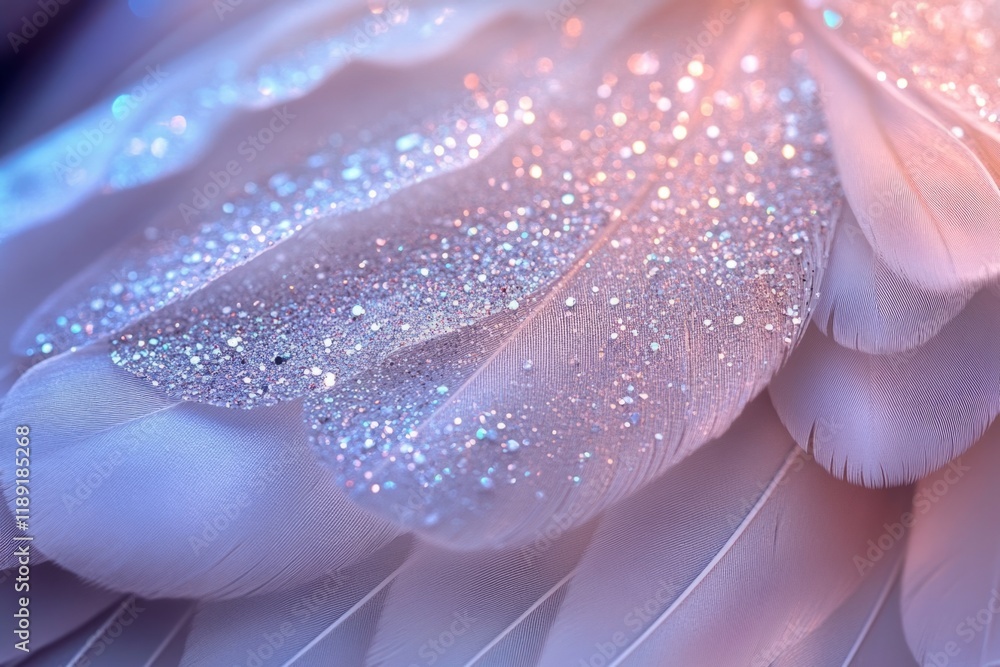 Poster sparkling water droplets rest on delicate white feathers, creating a magical scene with soft light a