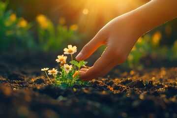 Fototapeta premium Hand Planting Flowers in Glowing Afternoon Light