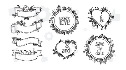 Collection of hand drawn vintage swirl ornaments full of hearts. Valentine's day special pack design elements.