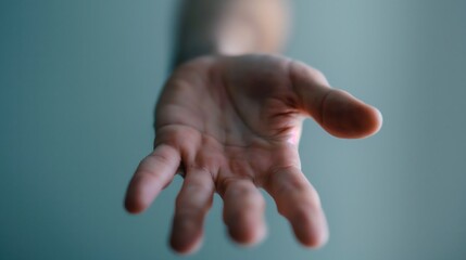 open hand kindly reaching outward in a soft teal environment with gentle light and shallow focus offering copyspace concept therapy, wellness, charity
