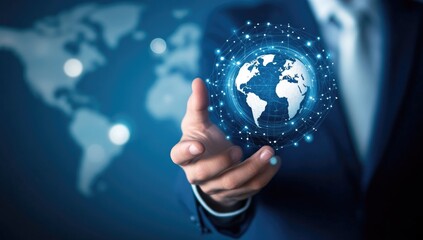 A person in a formal suit holds a glowing, connected globe, symbolizing global networking and digital advancements. The background features abstract data patterns, suggesting high-tech innovation.