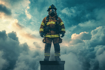 Fototapeta premium Firefighter wearing protective gear and oxygen mask standing on column amidst smoke and clouds, demonstrating courage and resilience