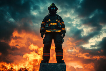 Naklejka premium Firefighter wearing protective gear and oxygen mask standing on column amidst smoke and clouds, demonstrating courage and resilience