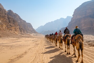 Fototapeta premium Tourists enjoying a camel ride through the stunning rock formations