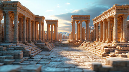 Fototapeta premium Ancient ruins with majestic columns and stone pathways under dramatic sky evoke sense of history and wonder. intricate details of architecture are captivating