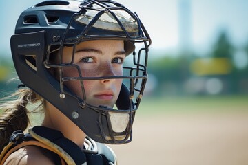 Young female catcher wearing helmet and chest protector on baseball field