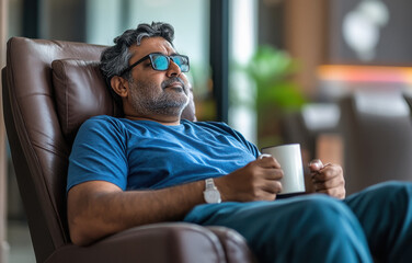 indian middle aged man relaxing on sofa and holding a coffee mug