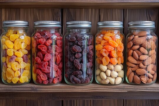 Assortment of dried fruits and nuts stored in glass jars on a wooden shelf, promoting healthy snacking and pantry organization