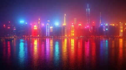 Vibrant City Skyline at Night with Colorful Reflections on Water