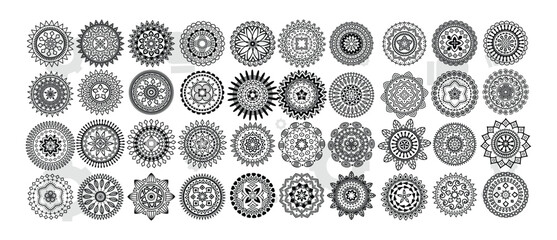 Large set of ornaments, circle rosette. Carving patterns of decorative leaves, acanthus, French cartouches, various scroll and shell elements. Tiles art Victorian design element and hand engraving.