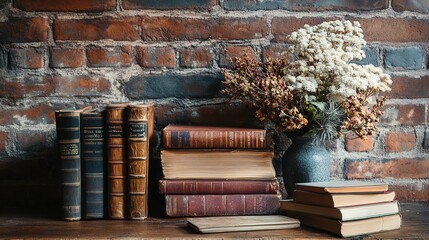 Vintage Workspace with Old Books and Dried Flowers Decor