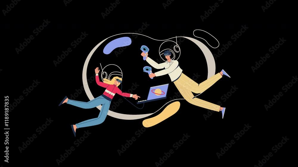 Poster two individuals engaged in a gaming session while floating in space, both wearing headsets and surro