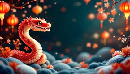 Fototapeta premium Chinese New Year: A Cute Red-Orange Snake Enjoying the Festive Atmosphere with Lanterns and Blossoms