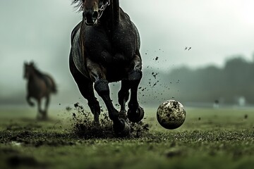 Majestic Galloping Horse in Motion with a Ball at High Speed Captured by a High-Performance Shutter Amidst Blurred Hooves and Soft Lighting