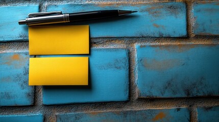 Yellow Sticky Notes and Pen on Blue Brick Wall Background