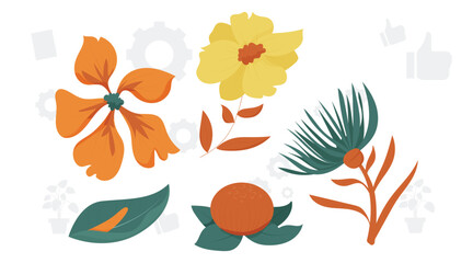 Vector set of tropical leaves. Palm, banana leaf, hibiscus, plumeria flowers. © Creativeactive