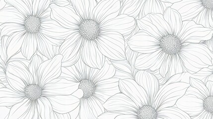 Floral Line Art: Elegant monochrome illustration featuring delicate line drawings of densely packed daisies, creating a seamless pattern ideal for various design applications. 