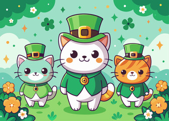 Fototapeta premium Cute Cartoon Cats Dressed for St. Patrick’s Day – Festive Feline Illustration