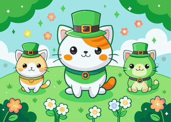 Fototapeta premium Cute Cartoon Cats Dressed for St. Patrick’s Day – Festive Feline Illustration