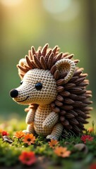 realistic highly detailed crochet of a hedgehog with a nature background