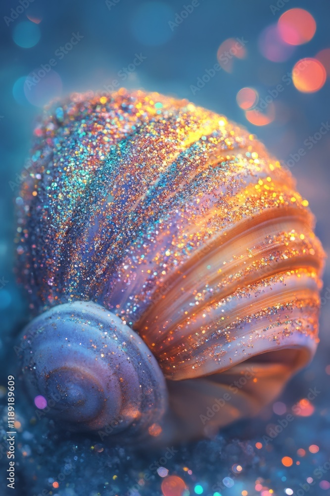 Poster close-up of a seashell covered in sparkling glitter, resting on a bed of sand with a magical bokeh e