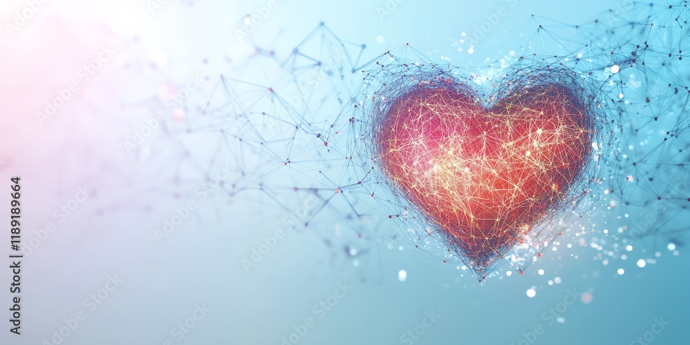 Poster abstract red heart network connection digital love concept plexus technology background