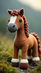 realistic highly detailed crochet of a horse with a nature background