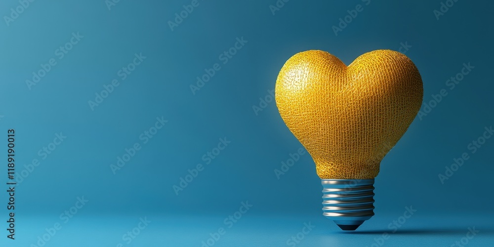 Poster yellow light bulb with heart shaped object inside on a white background illuminating the concept of 