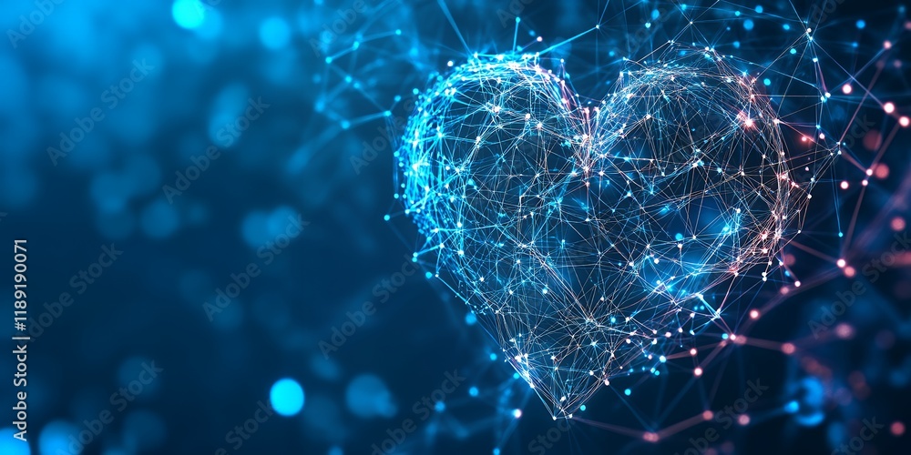 Poster abstract digital heart network connection technology love concept blue red glowing nodes lines mesh