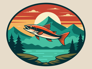 Obraz premium Stylized Jumping Fish – Mountain Landscape at Sunset, Scenic Illustration