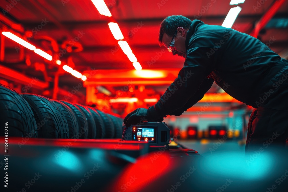 Poster mechanic using digital air pump to inflate tyre under warm fluorescent lighting in a workshop with r