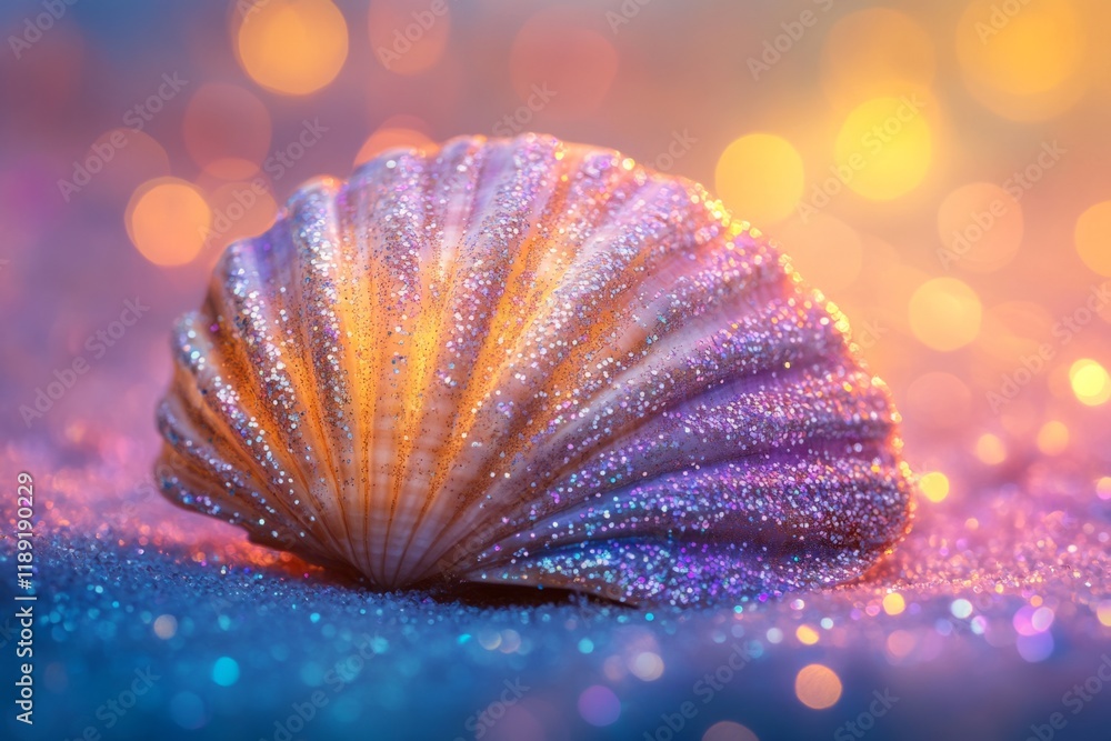 Poster close-up of a beautiful, sparkling seashell resting on shimmering sand, illuminated by enchanting bo
