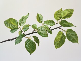 a branch with green leaves against a white background