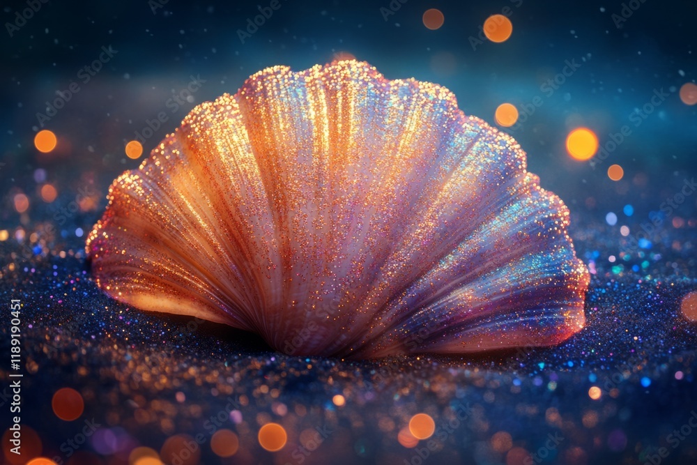 Poster open shell with glittery surface laying on dark sand with bokeh effect in the background creates a m