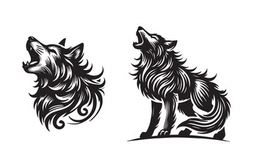 Obraz premium A black and white silhouette of a wolf howling Vector isolated on a white background