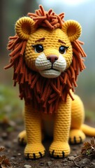 realistic highly detailed crochet of a lion with a nature background
