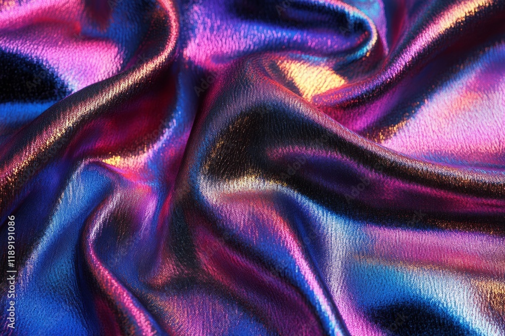 Poster shiny iridescent holographic chameleon fabric creating abstract wavy folds and wrinkles